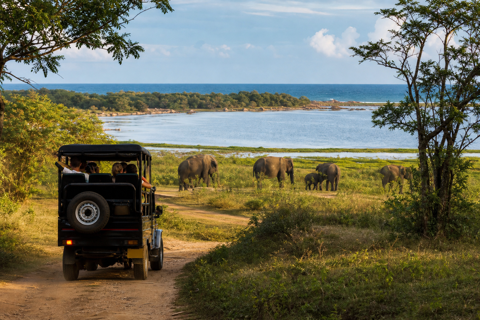 Safari jeep near elephants at Yala with blue coastline visible in the distance