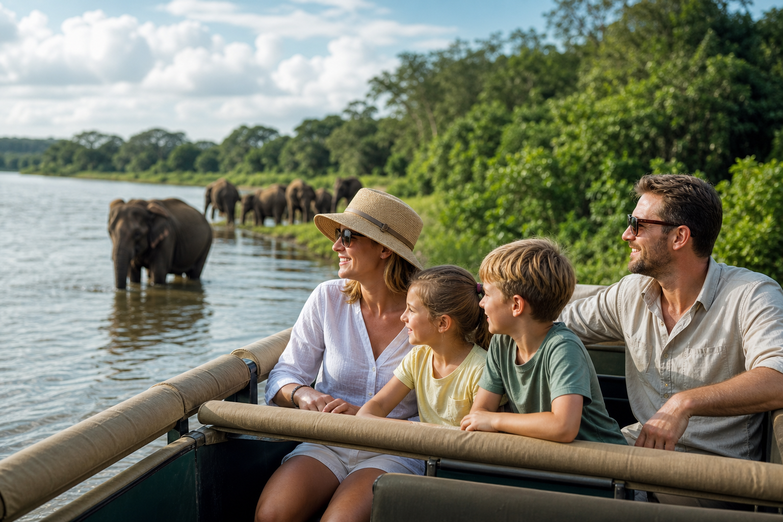 Family with children enjoying a gentle wildlife river cruise in Sri Lanka