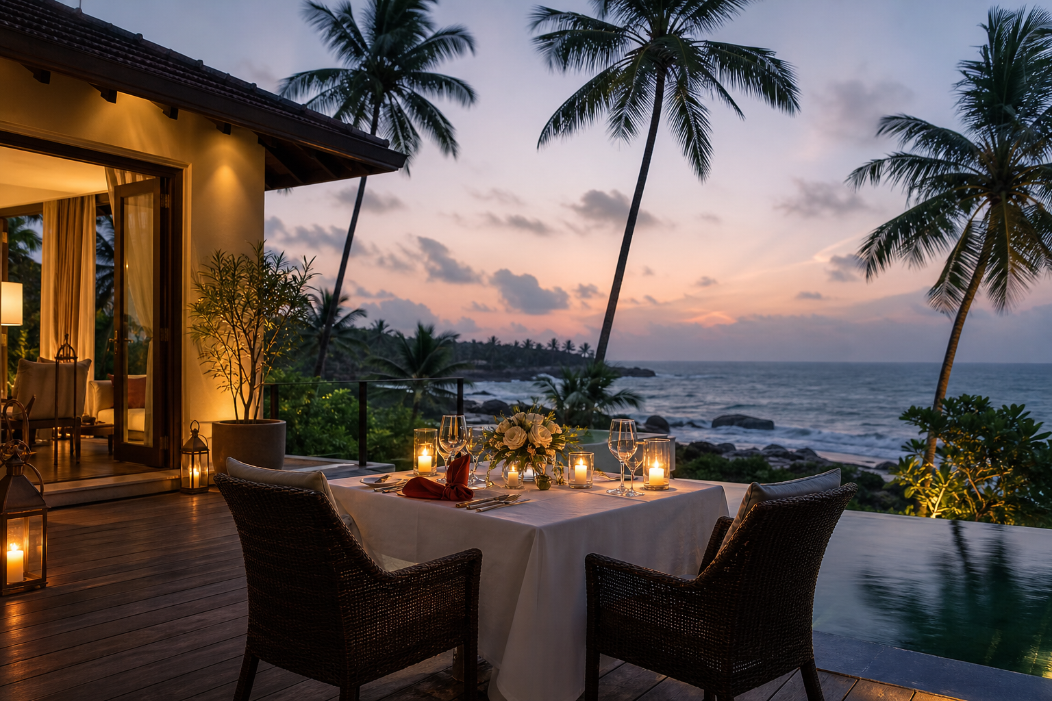 Luxury ocean-view villa terrace in Sri Lanka decorated for a honeymoon dinner