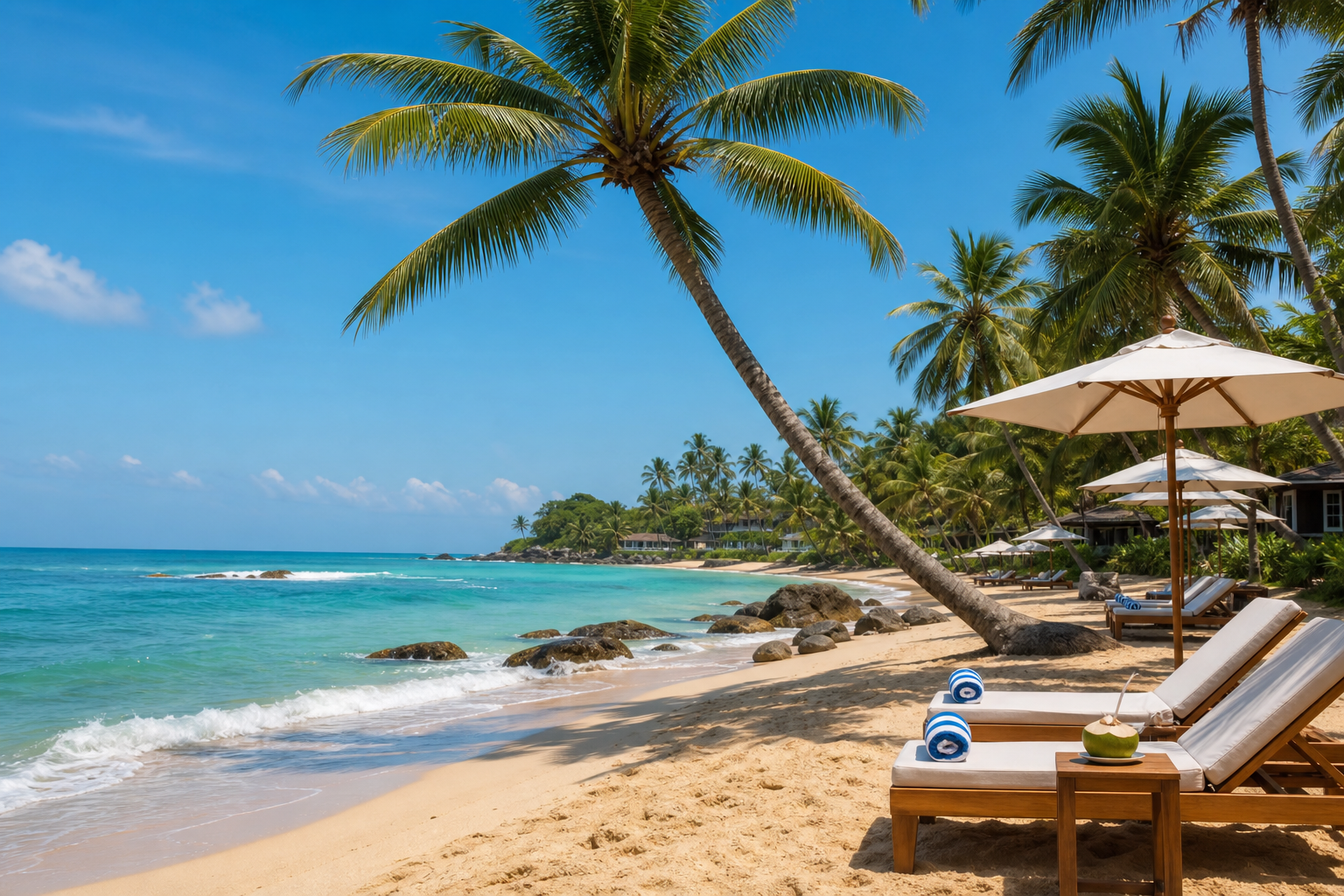 Tropical southern Sri Lanka beach with palm trees, clear water, and boutique resort loungers