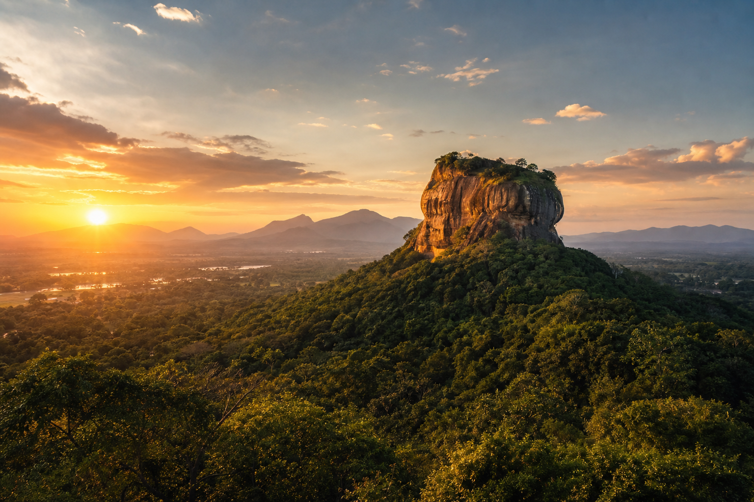 Golden sunset over Sigiriya Rock Fortress with tropical greenery in the foreground