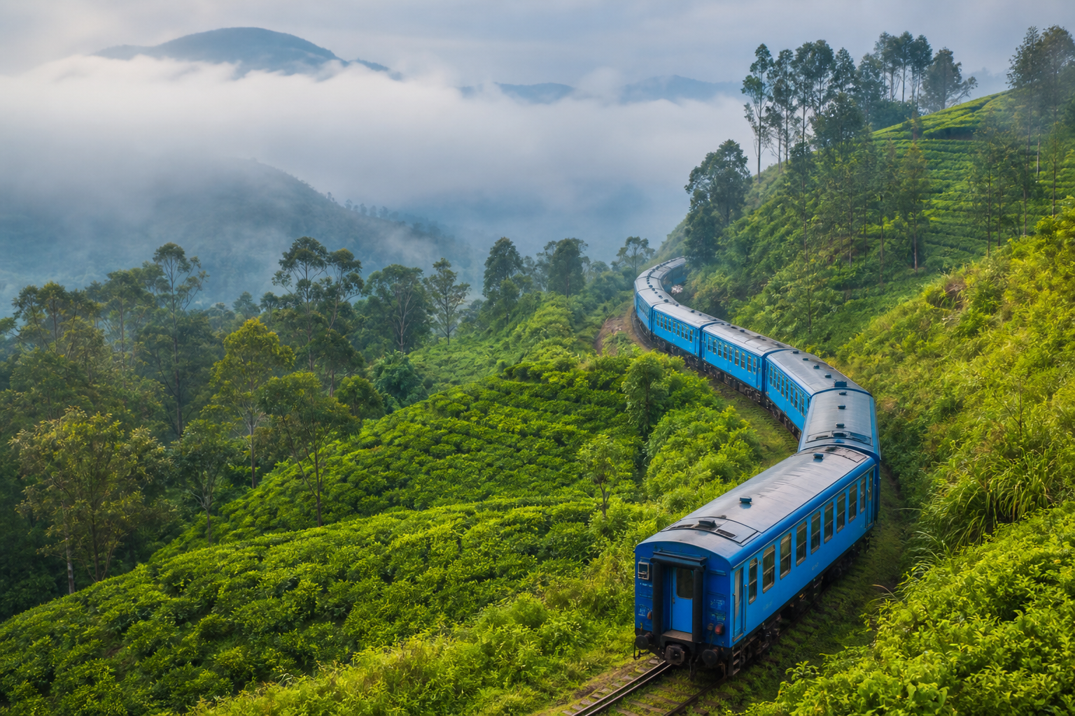 Blue train curving through lush tea plantations near Ella in Sri Lanka