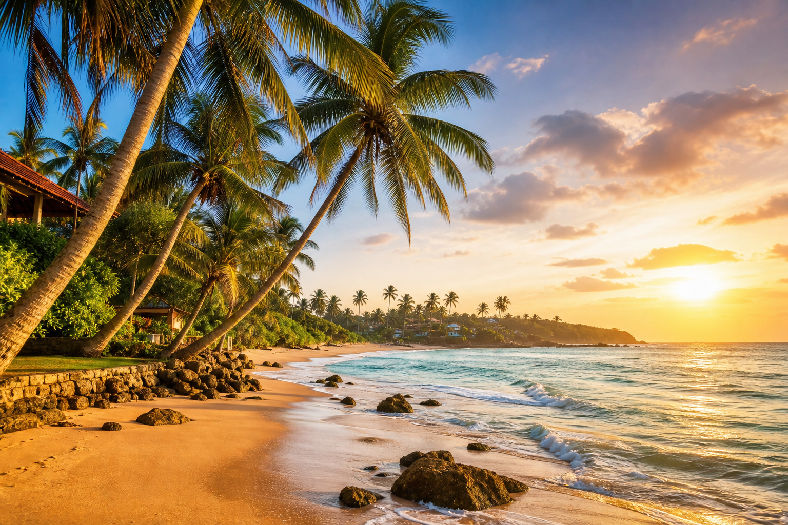Golden beach at Mirissa with palm-lined coast and calm turquoise ocean