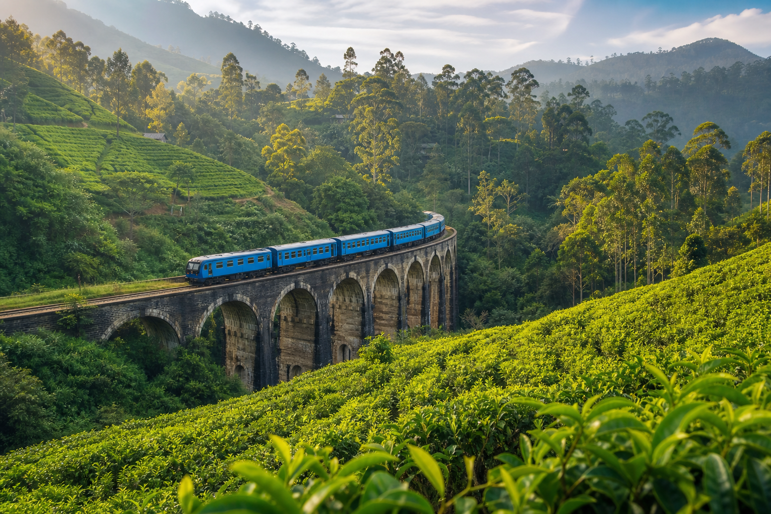 Rolling tea plantations with the blue train crossing Ella nine arches bridge
