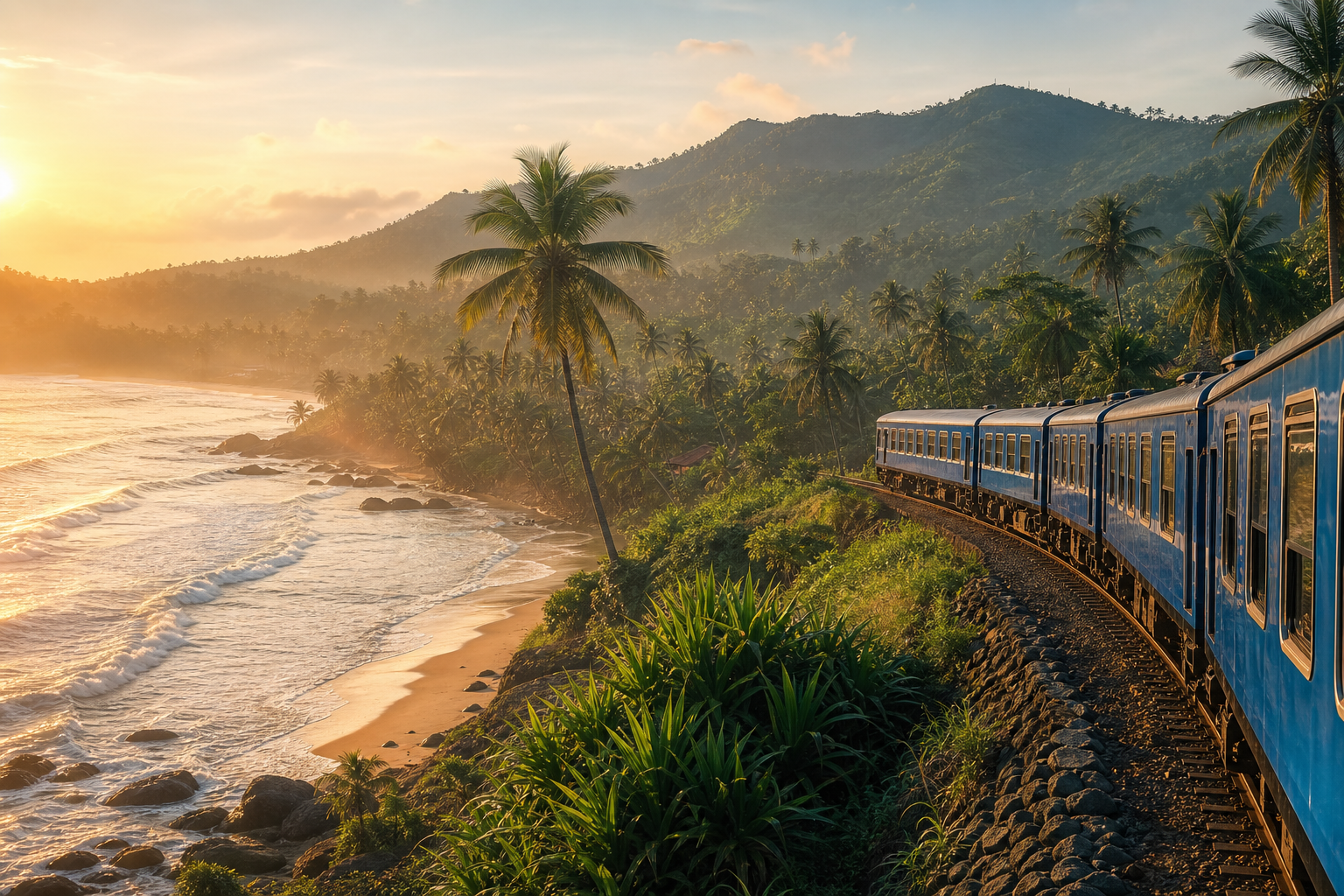 A curated Sri Lanka travel scene with a coastal train, tropical palms, and misty hills at sunrise