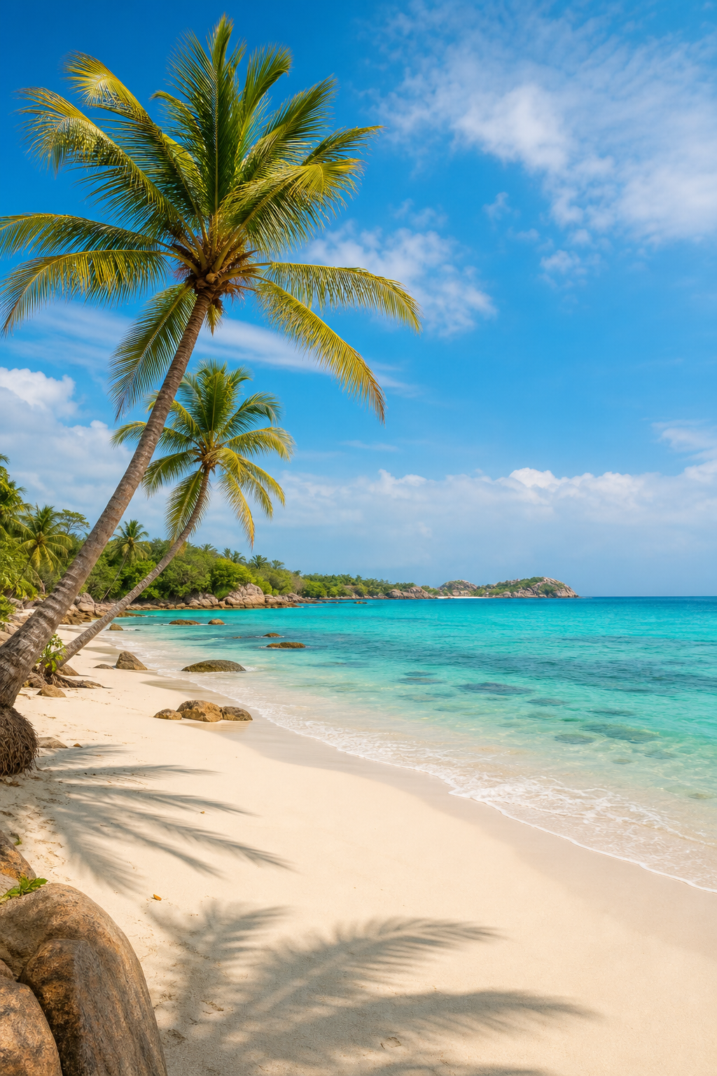A bright Trincomalee shoreline with turquoise water, pale sand, and gentle tropical palms