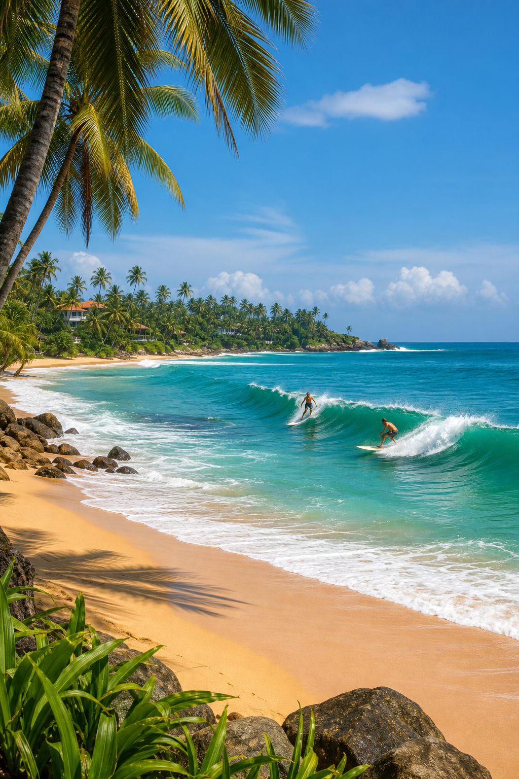 Turquoise tropical beach in southern Sri Lanka with two surfers riding warm ocean waves