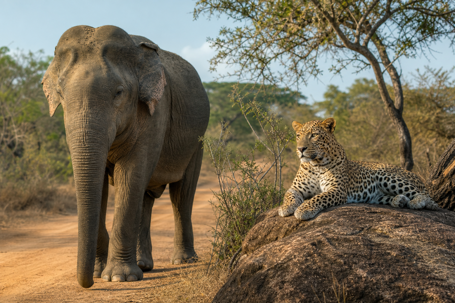 Yala safari scene with a large Asian elephant on a dusty track and a Sri Lankan leopard resting nearby