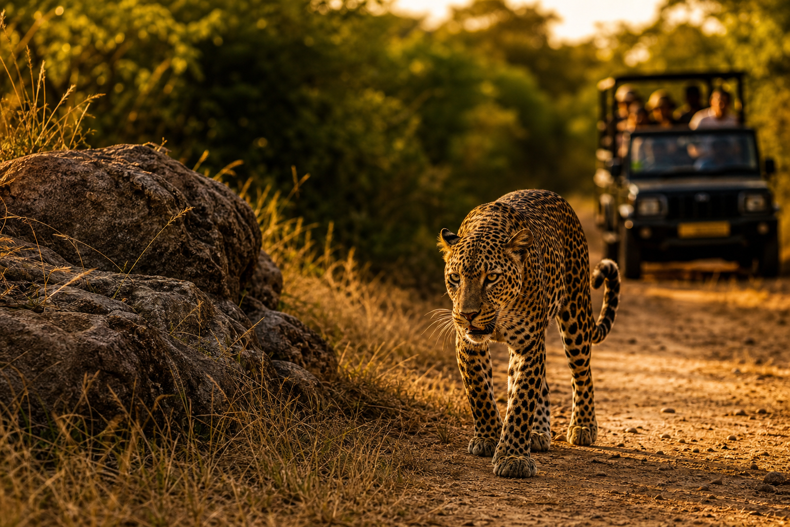 Leopard on a rocky path in Yala National Park during golden hour safari