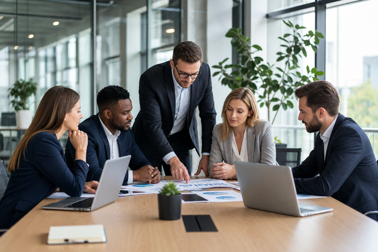 Professional business consultants collaborating around a table with laptops and documents in a modern office