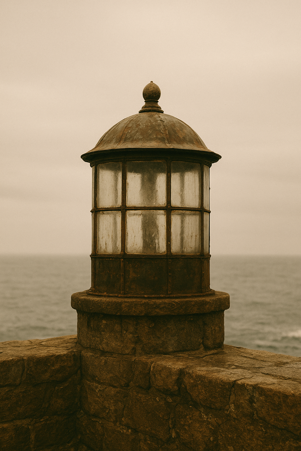 Archival-style photograph of a weathered lighthouse lantern room above a rough sea wall under overcast coastal light