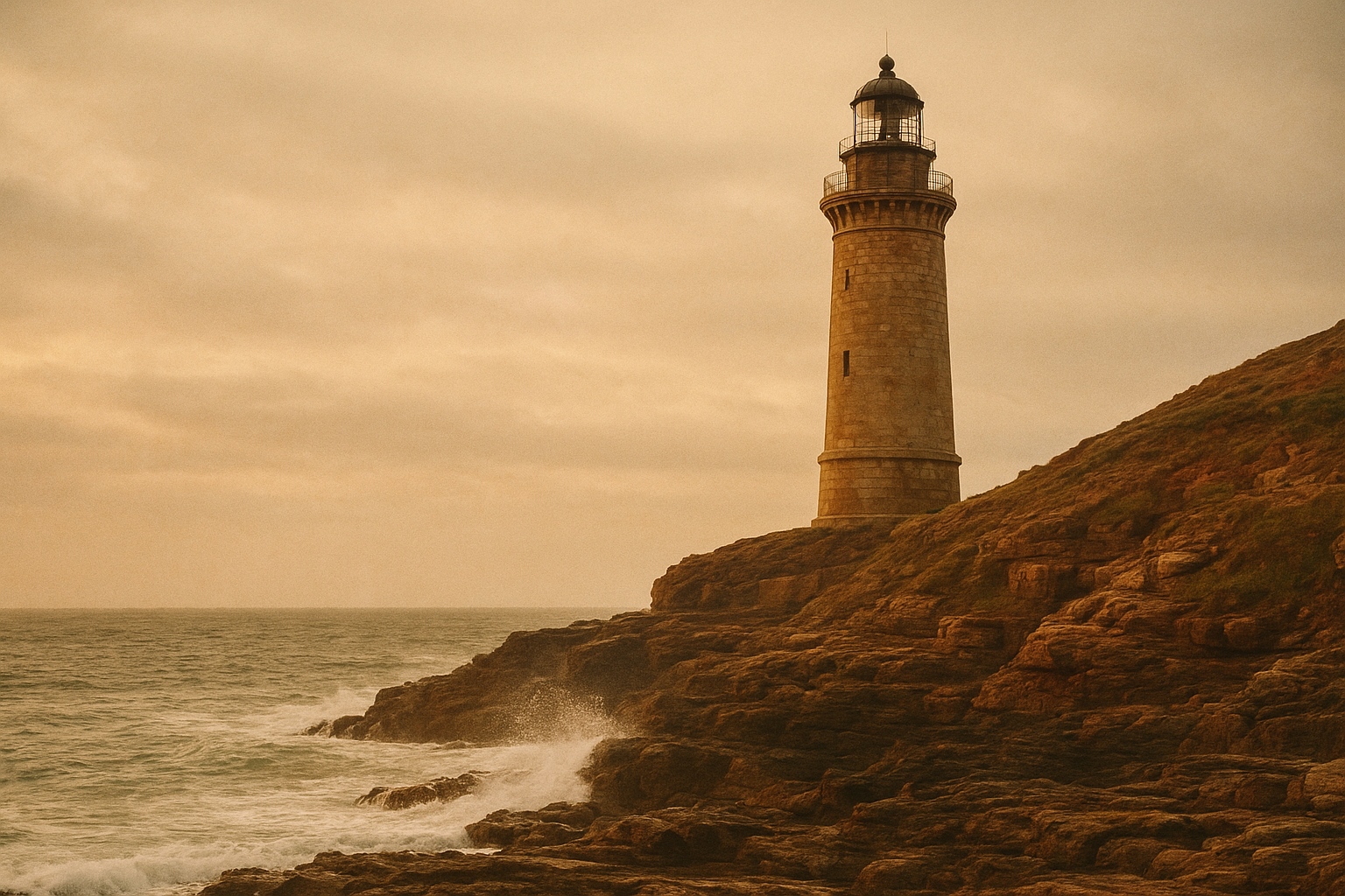 Weathered stone lighthouse on the northern coast under soft golden overcast light with calm sea and rugged cliffs