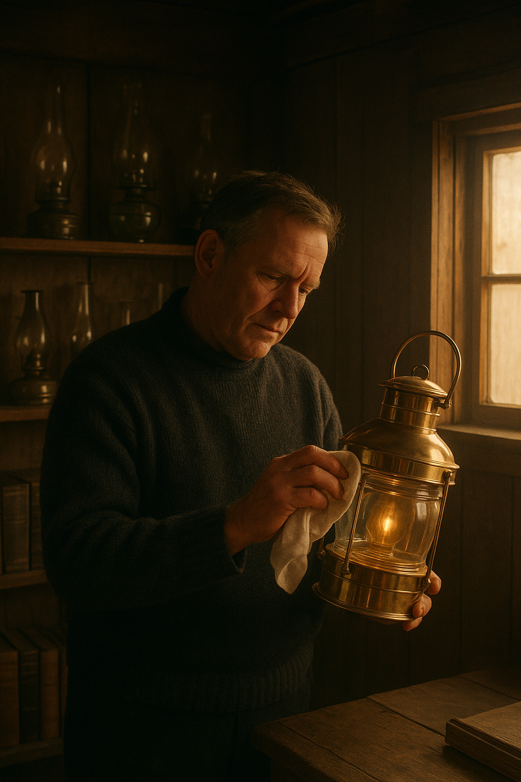 Archival-style portrait scene of a lighthouse keeper in a lamp room, polishing brass with oil lanterns on wooden shelves