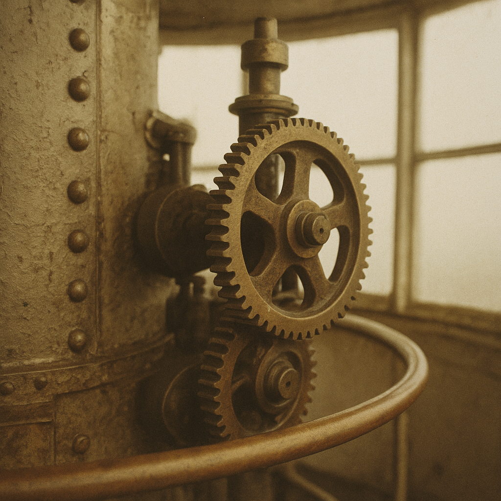 Close view of brass lantern room gears and handrails with aged patina