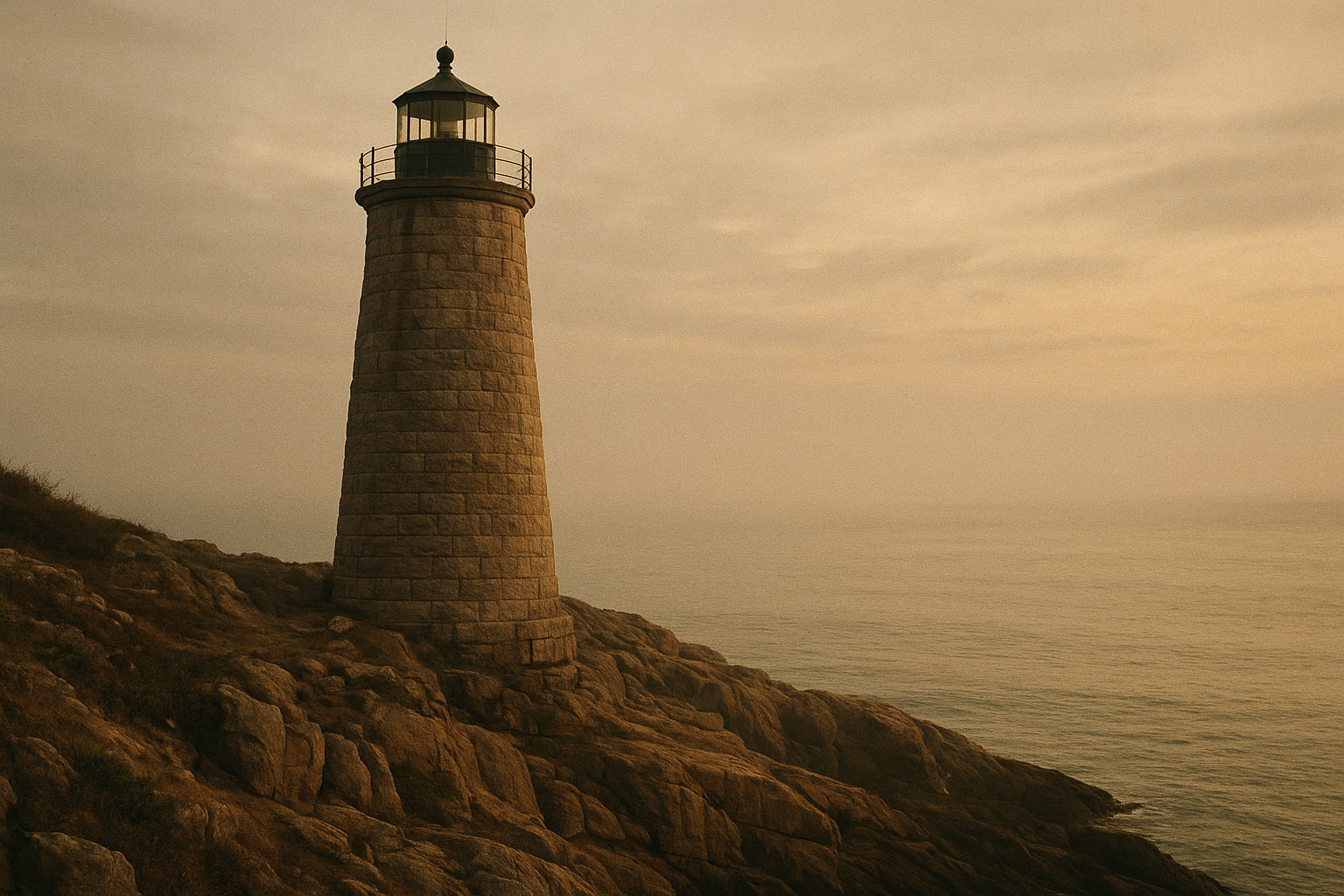 Tall granite lighthouse on a wind-worn cliff at dawn with warm film grain
