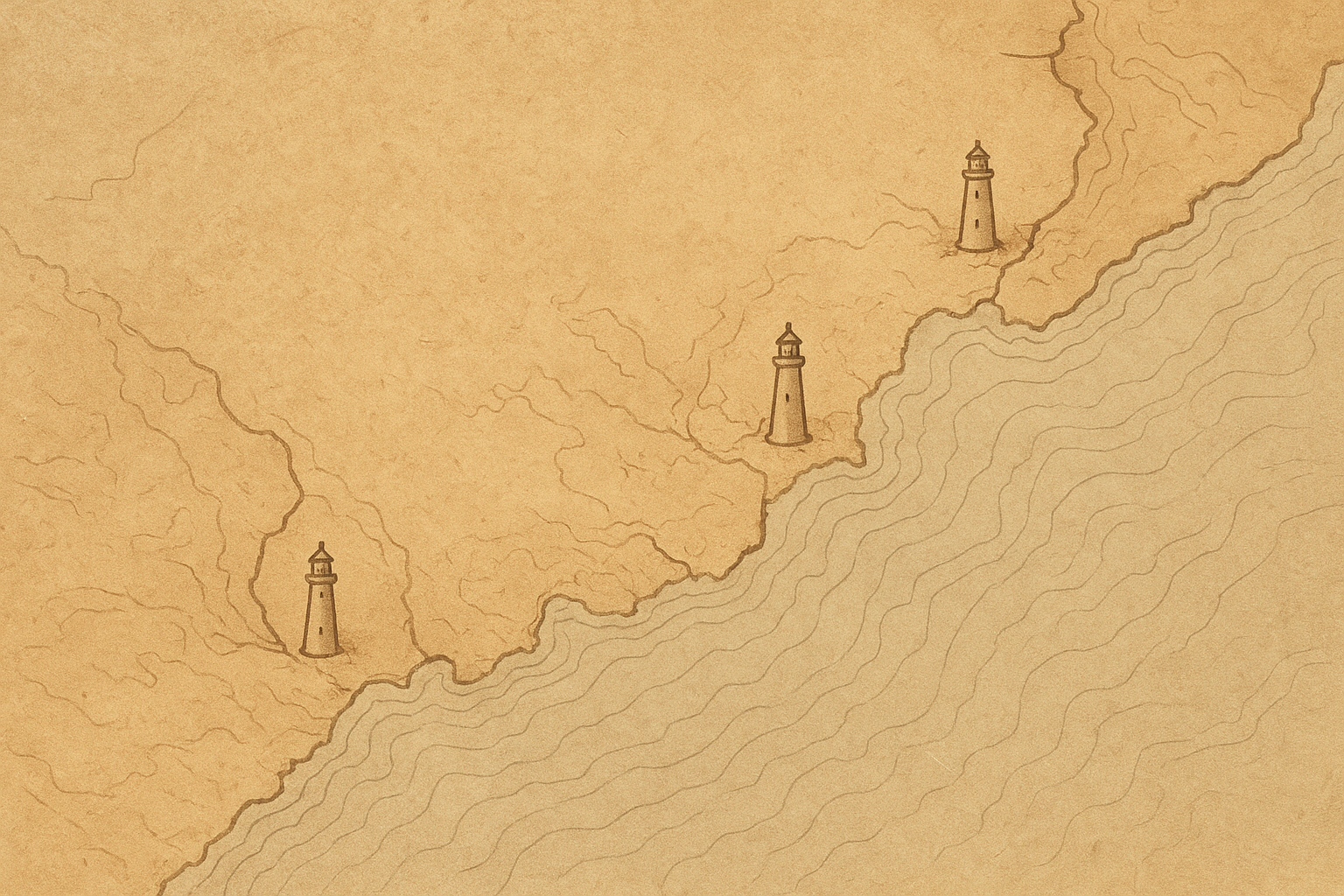 Illustrated northern coastline map with lighthouse markers, shoreline contours, and archival cartographic texture