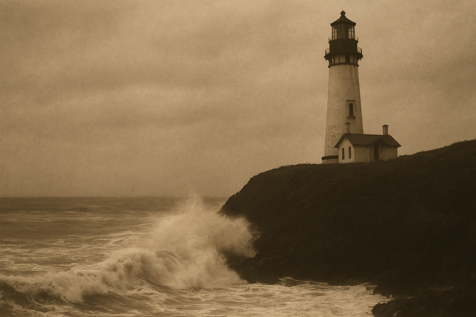 Rough winter surf below a headland beacon under overcast amber light