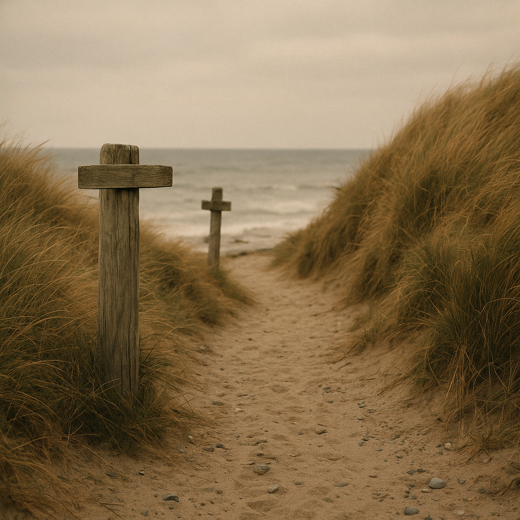 Narrow shoreline approach path with wooden markers and windswept dune grass