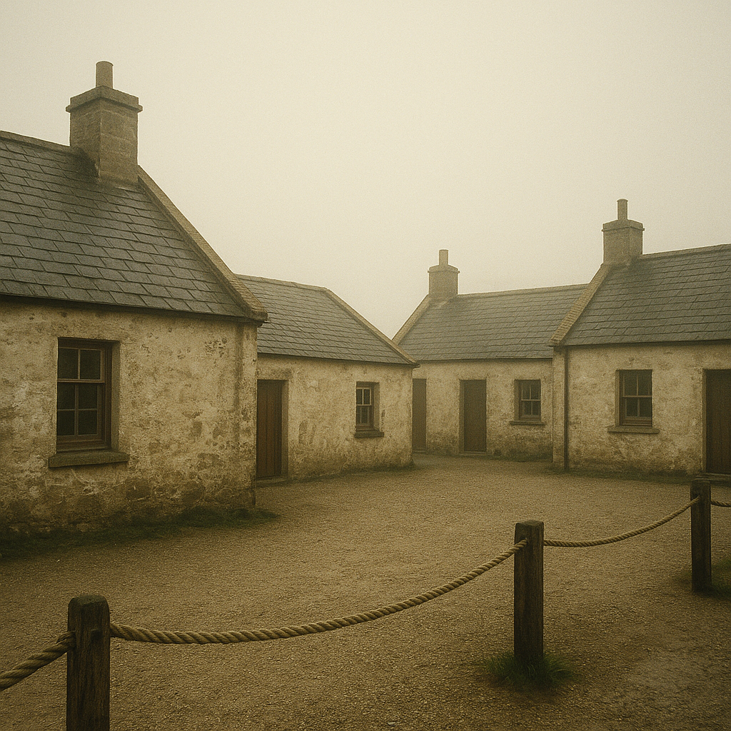 Low keeper station buildings with slate roofs and rope lines in a gravel yard
