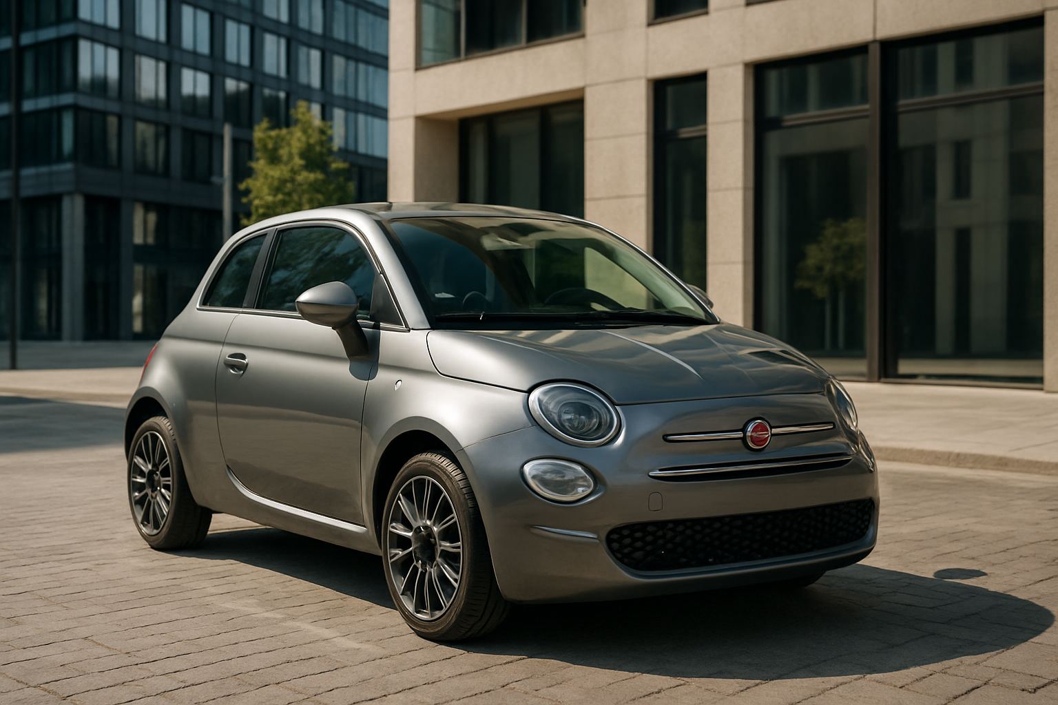 A modern Fiat car parked in a city environment, highlighting its stylish Italian design.