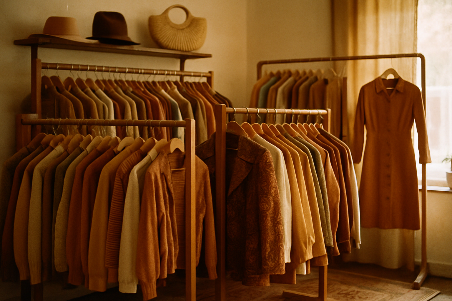 Curated vintage garments on wooden racks in a softly lit boutique