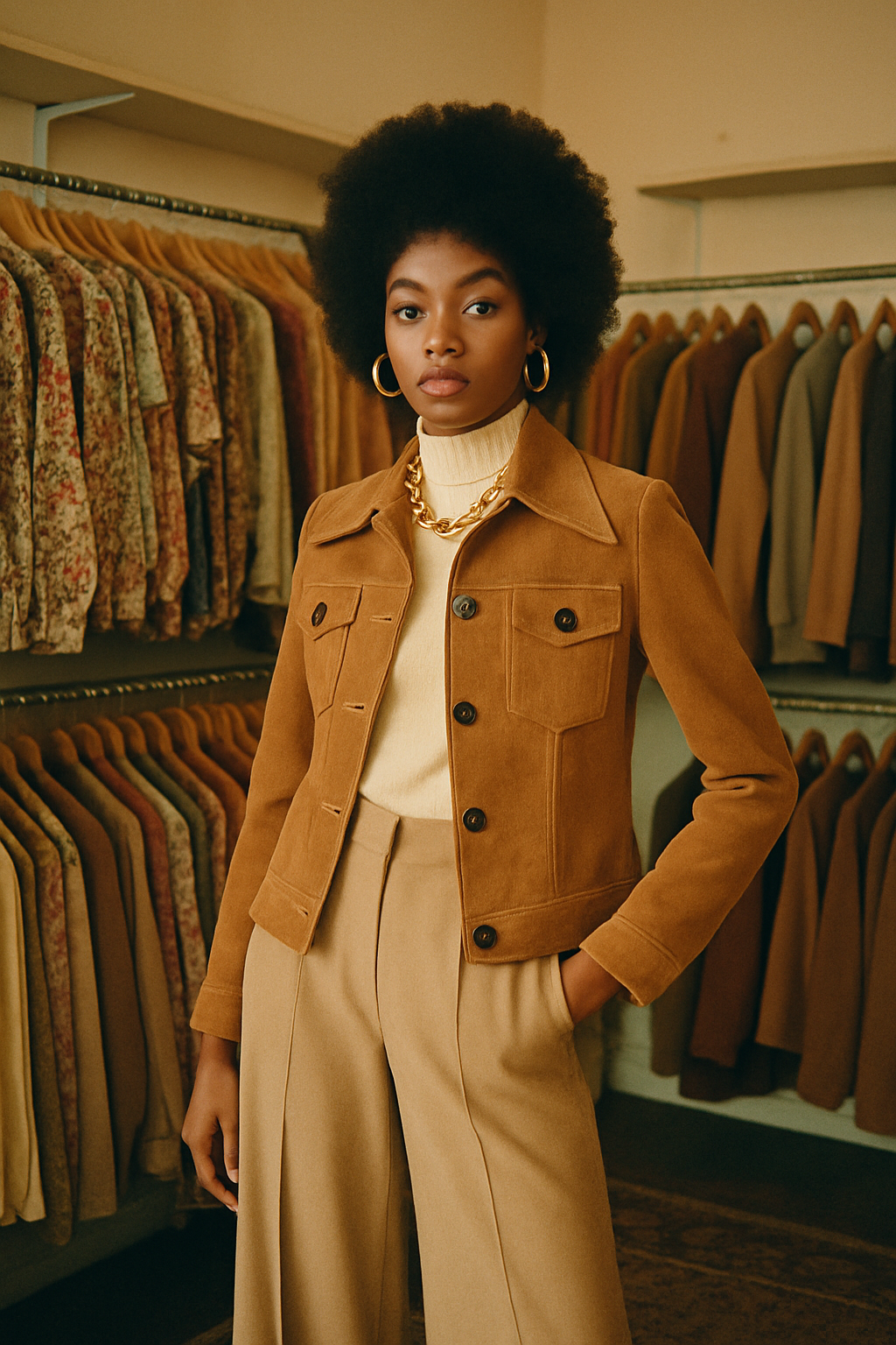 Model wearing a 70s-inspired jacket and statement accessories in a warm vintage boutique