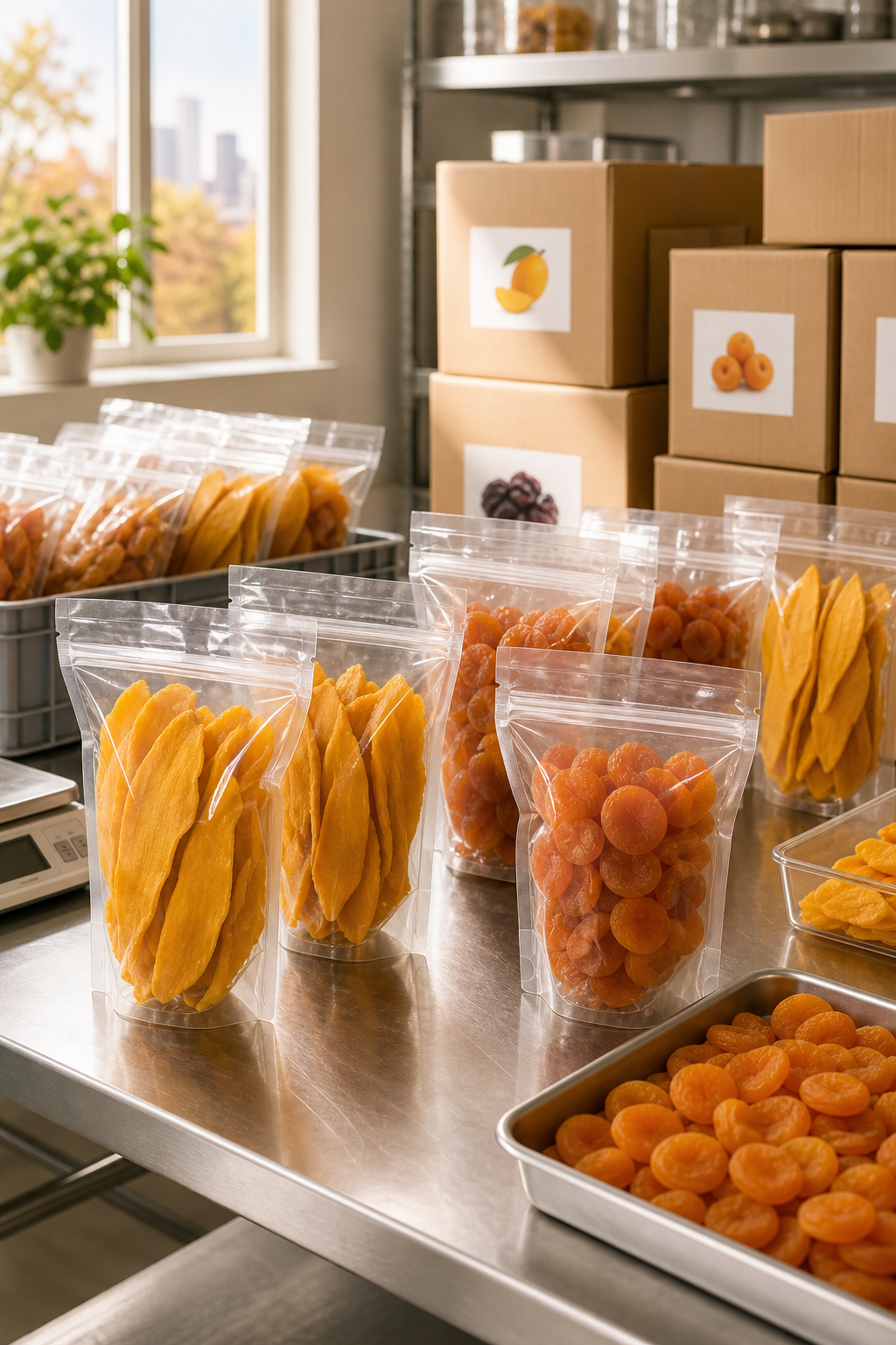 Clean dried-fruit packaging preparation area with organized pouches and trays in a New Jersey food production setting
