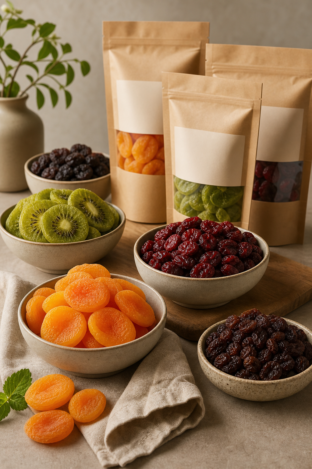 Premium assortment of colorful dried fruit presented in elegant ceramic bowls with refined retail packaging on a warm studio surface