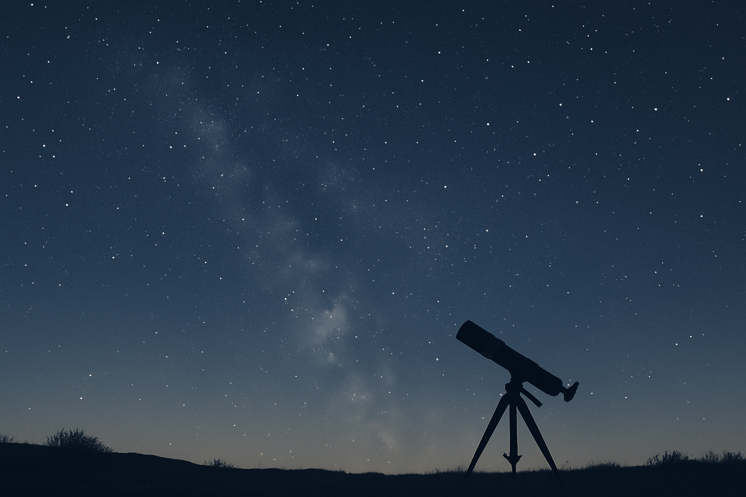 Calm night sky with visible stars over a quiet horizon and subtle telescope silhouette