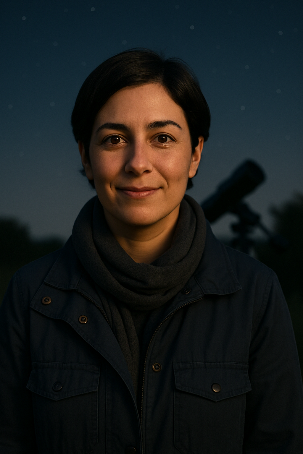 Lena Ortega, a club organizer in a navy field jacket under soft night-sky lighting