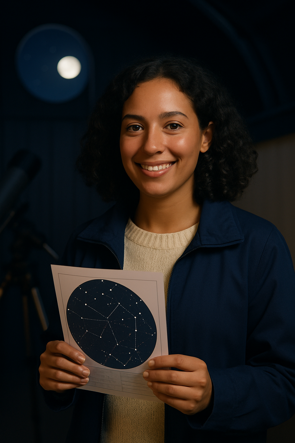Mira Elias, an organizer smiling with a star chart in a softly lit observatory