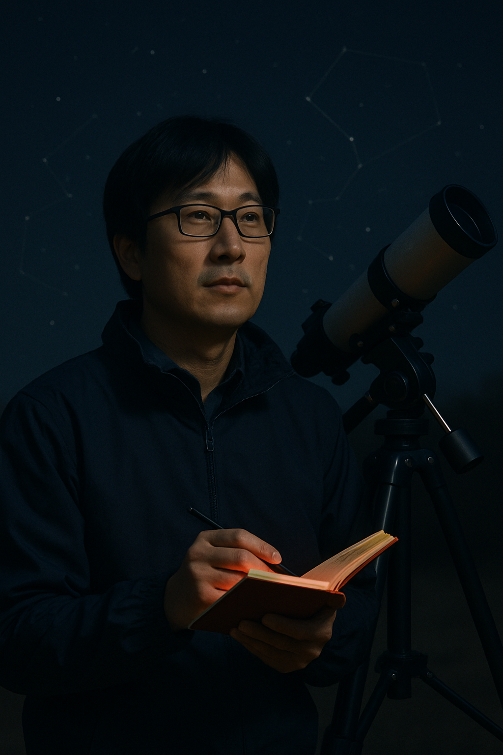 Rahim Cho, an organizer holding a red-light notebook beside a telescope setup