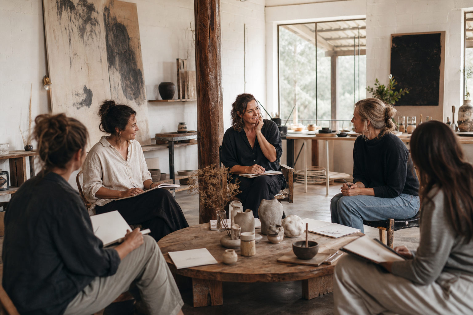 Small group of artists seated in a circular arrangement with sketchbooks and clay pieces in a rustic studio setting