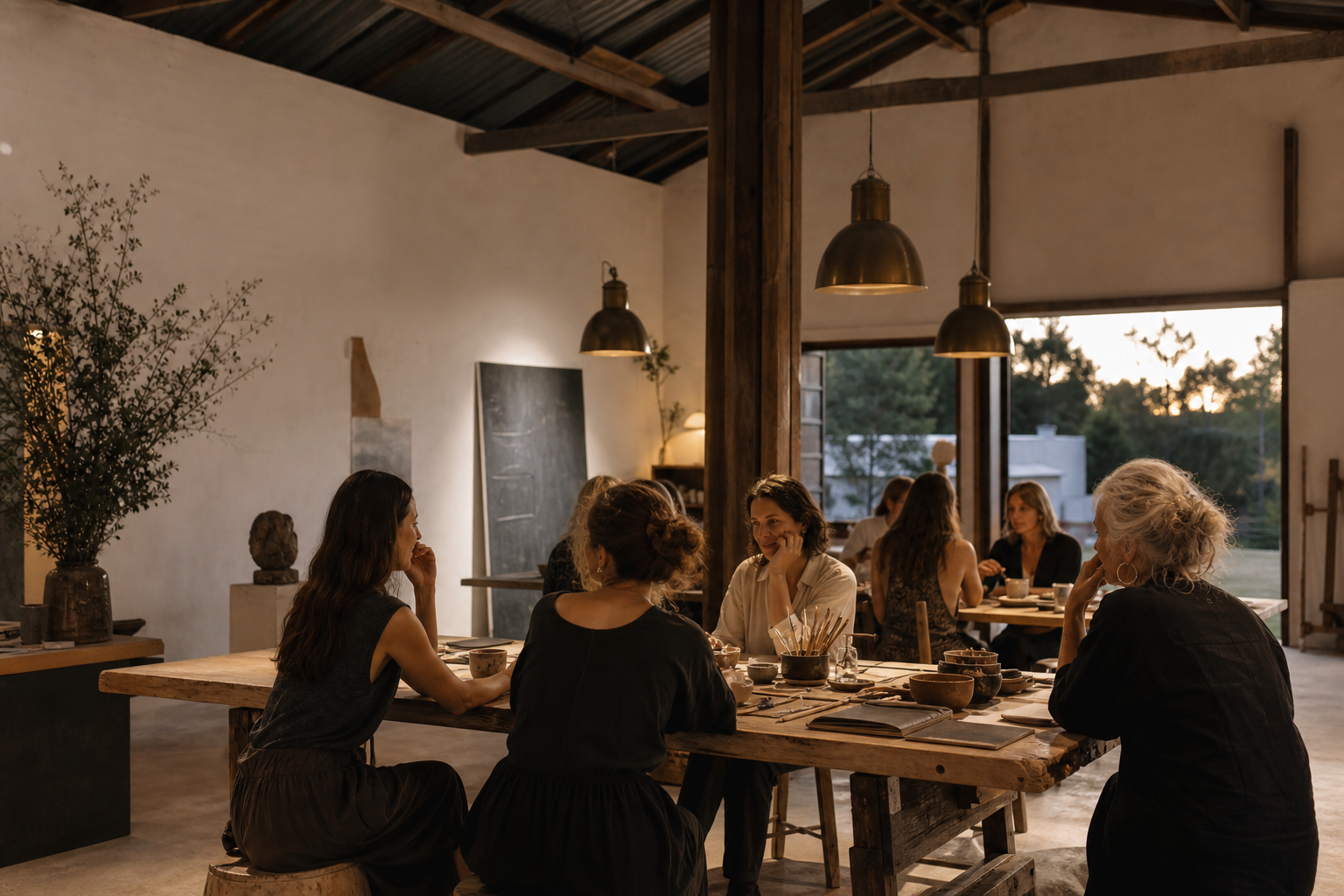 Warm evening gathering inside a minimalist rural studio with timber beams, soft brass lighting, and artists seated around large worktables