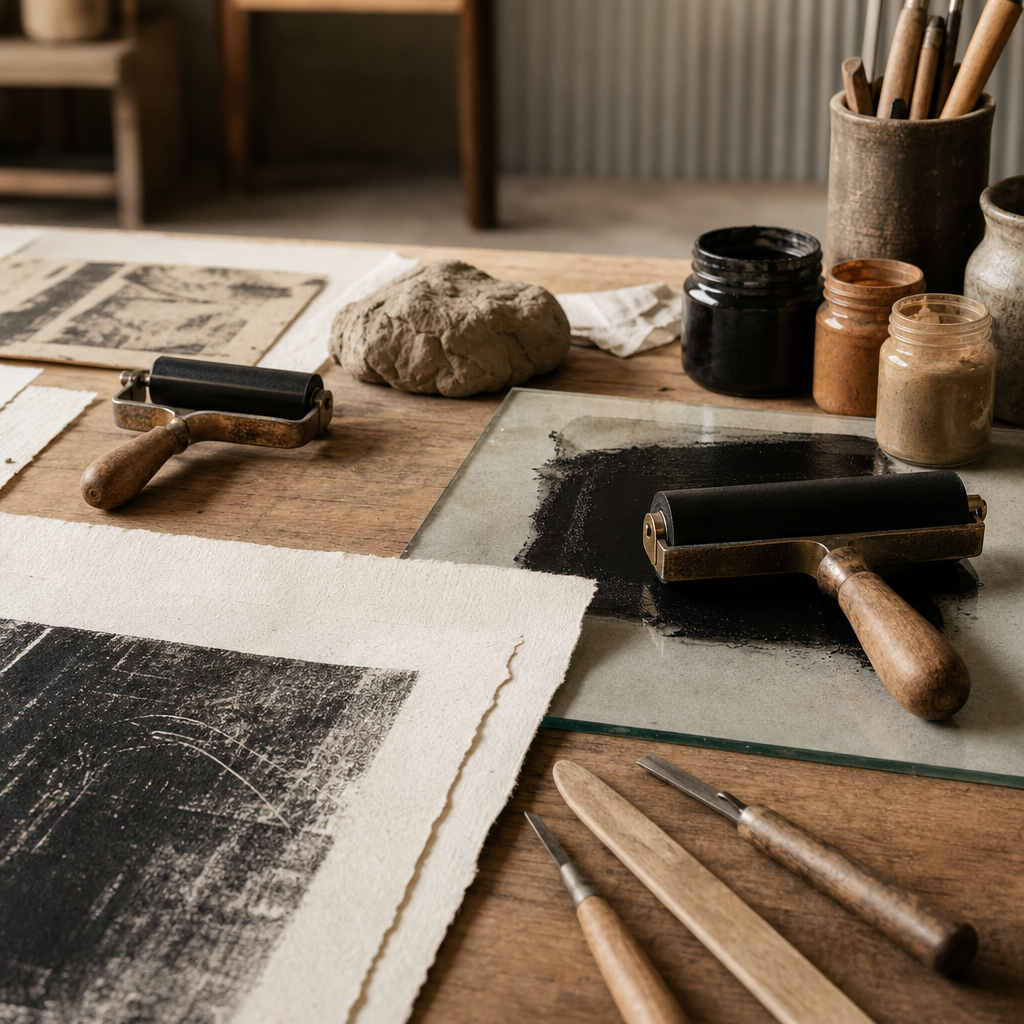 Close view of a printmaking table with ink rollers, textured paper, and clay tools