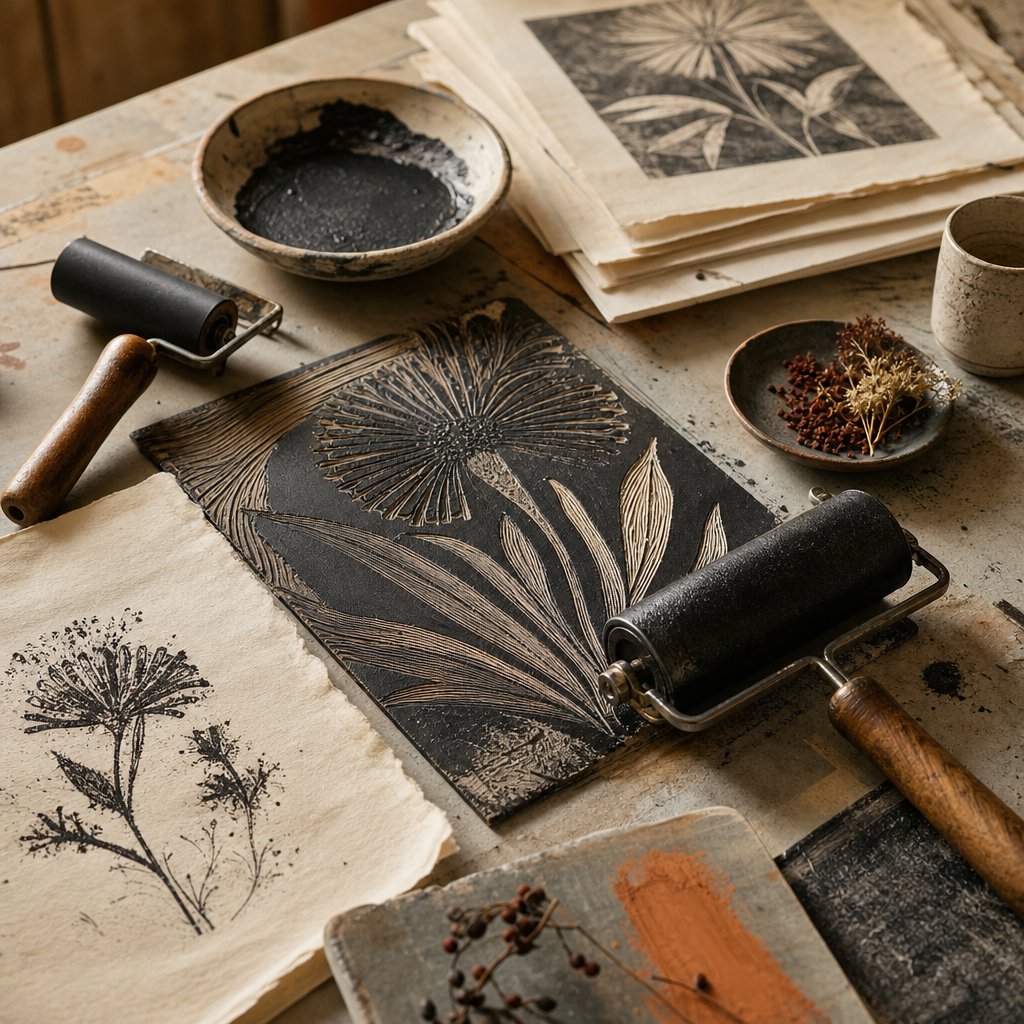 Close view of a printmaking table with inked rollers, hand-cut lino plates, and botanical pigment stains