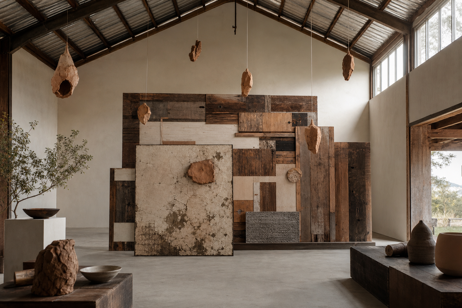 Large mixed-media installation with layered timber panels and suspended clay forms inside a sunlit rural studio