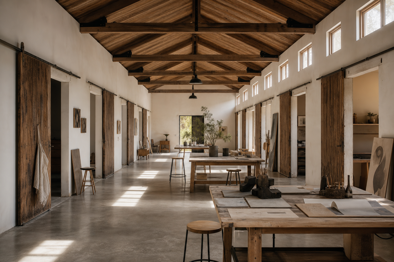 Long, minimalist studio hall with warm timber beams, concrete floor, and soft light