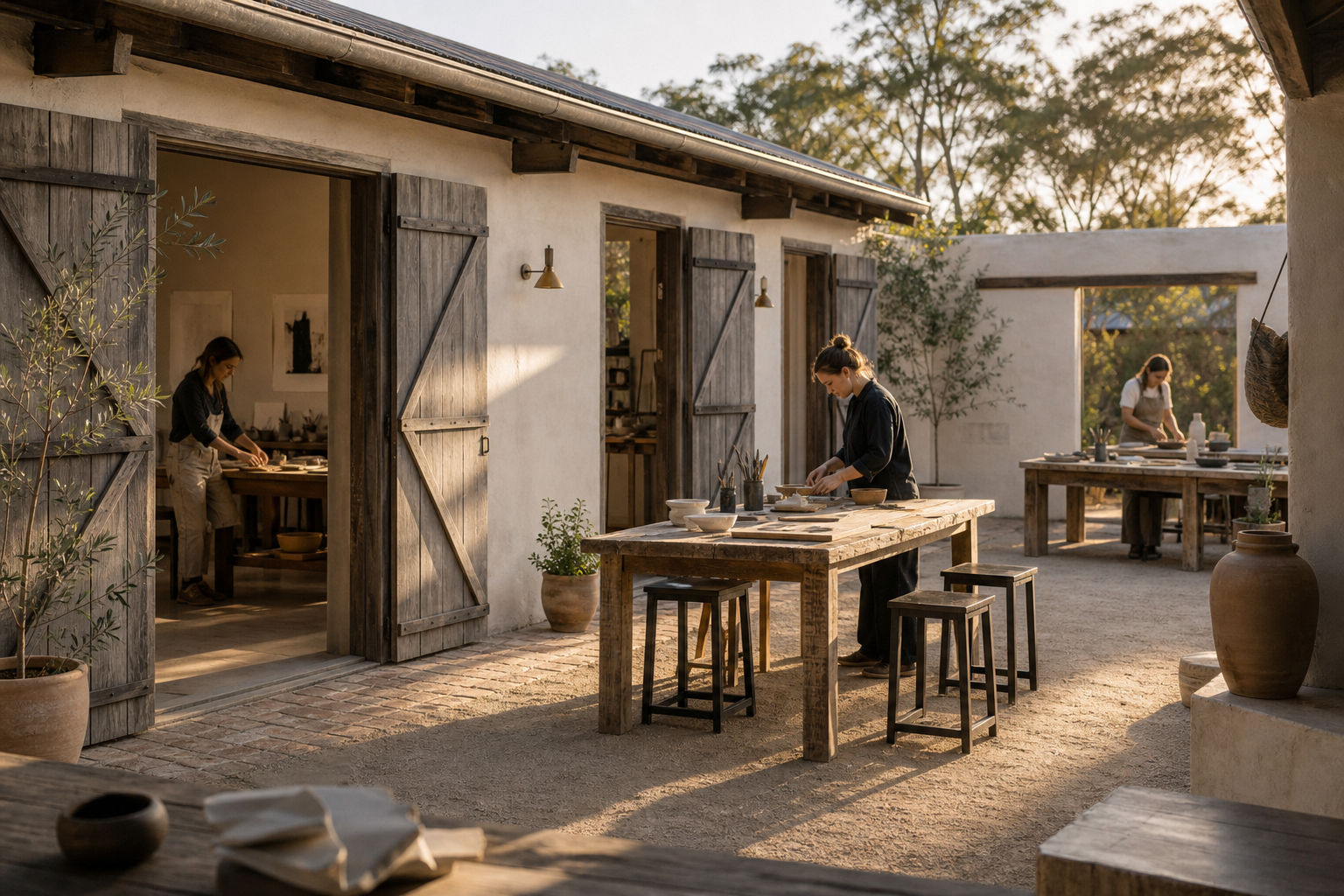 Restored rural studio courtyard with weathered timber doors, soft clay walls, and artists setting up work tables under warm afternoon light