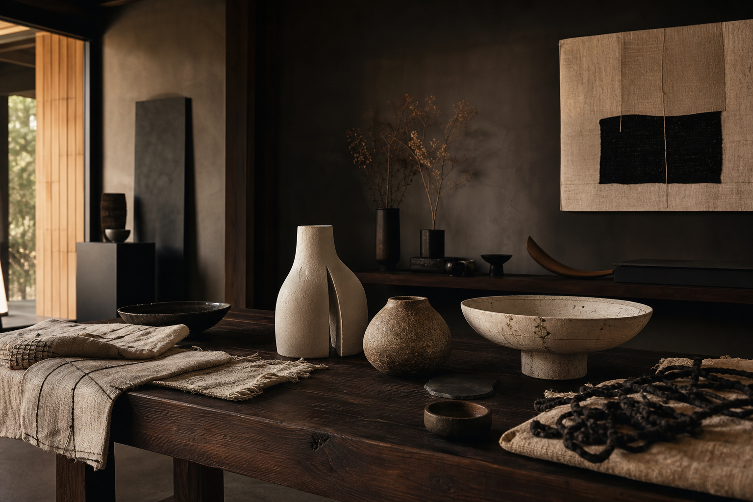 Moody editorial view of a creative studio interior with sculptural objects, tactile textiles, and soft warm light falling across dark surfaces