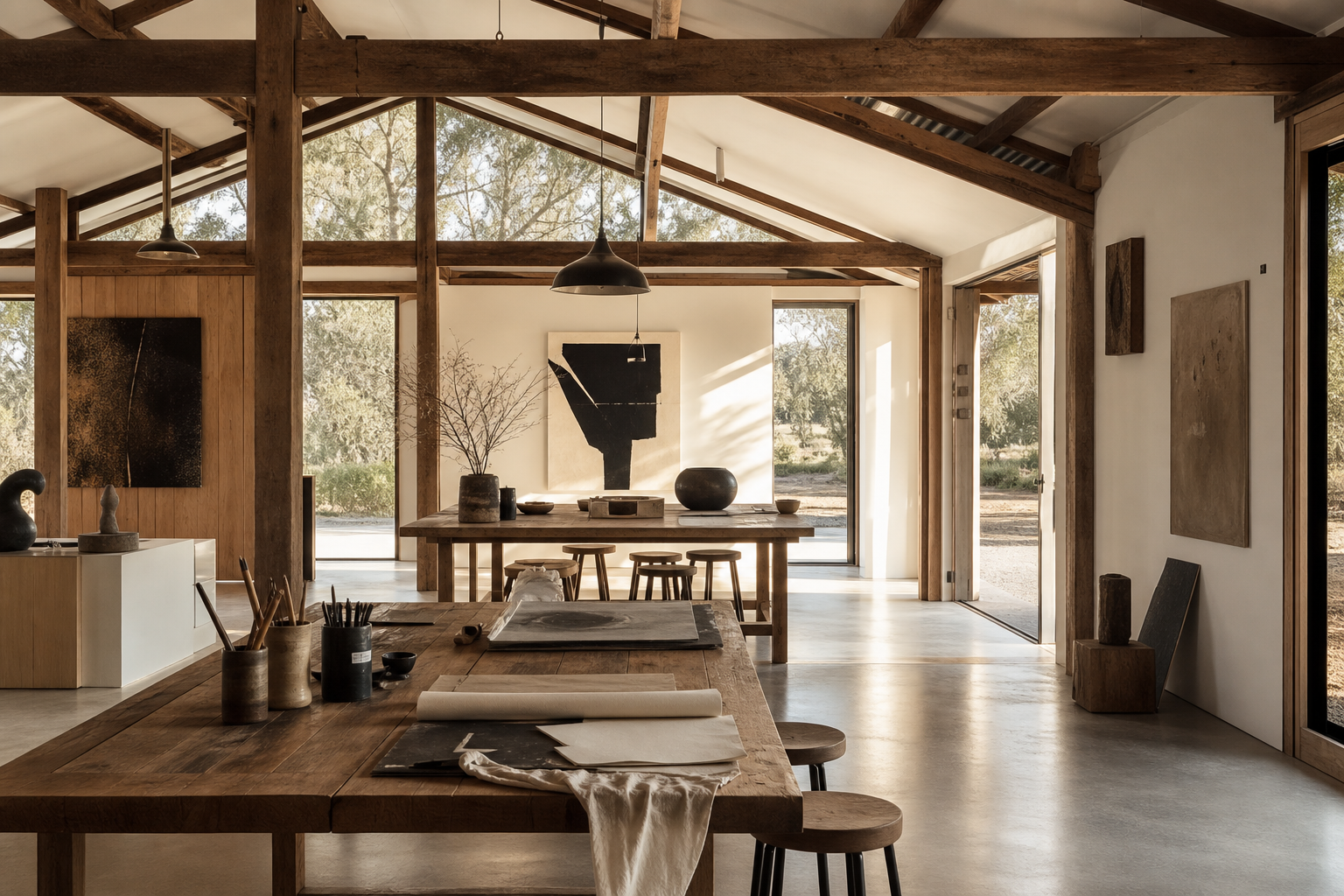 Sunlit rural studio interior with timber beams, long worktables, and a quiet gallery-like atmosphere