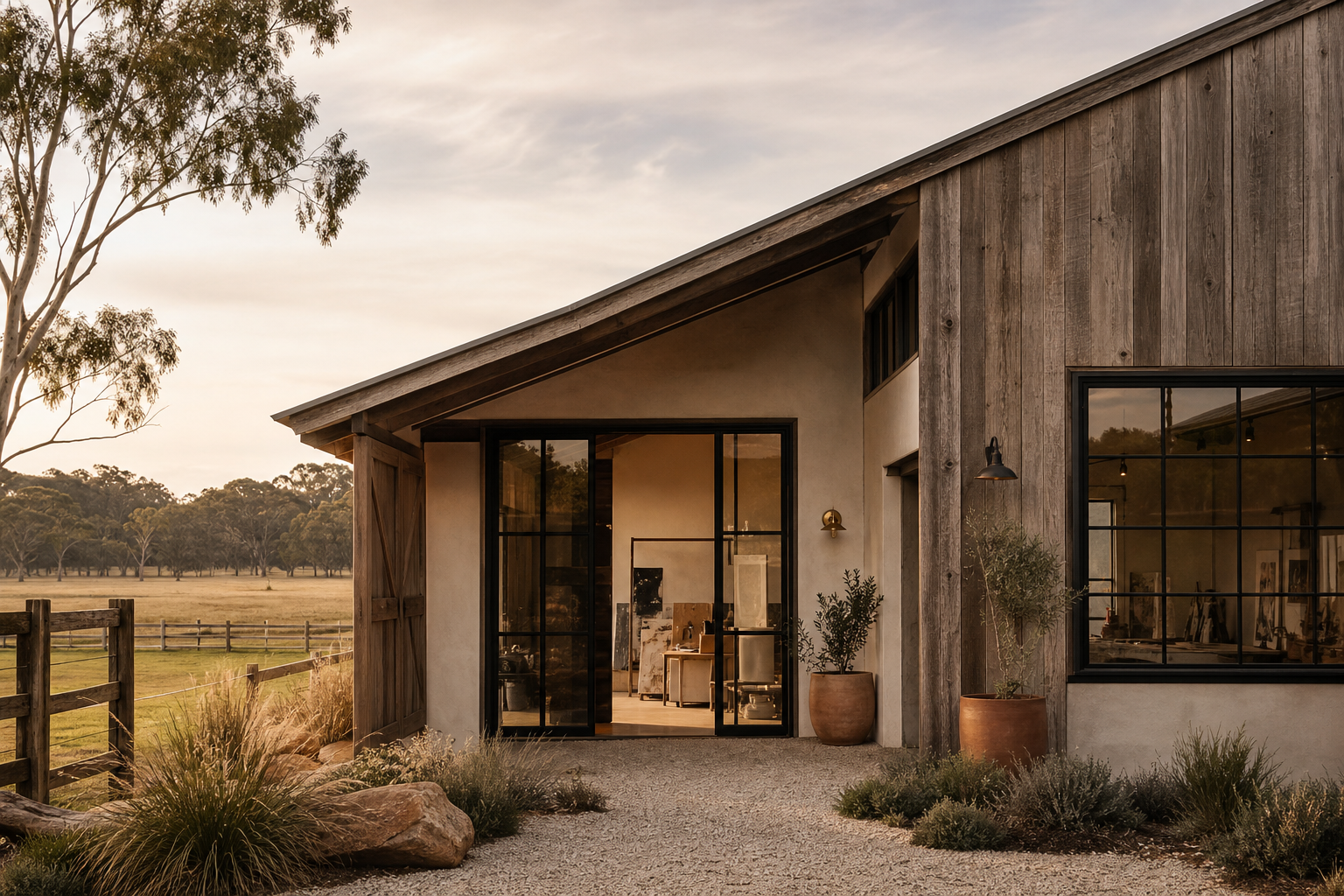 Warm, minimalist exterior of a converted rural stable studio with weathered timber, soft clay tones, and surrounding pasture at golden hour