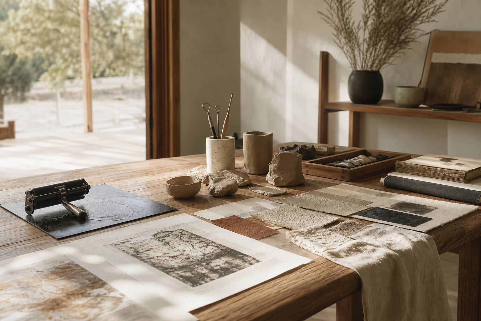 Sunlit studio table with printmaking tools, clay pieces, and layered paper samples