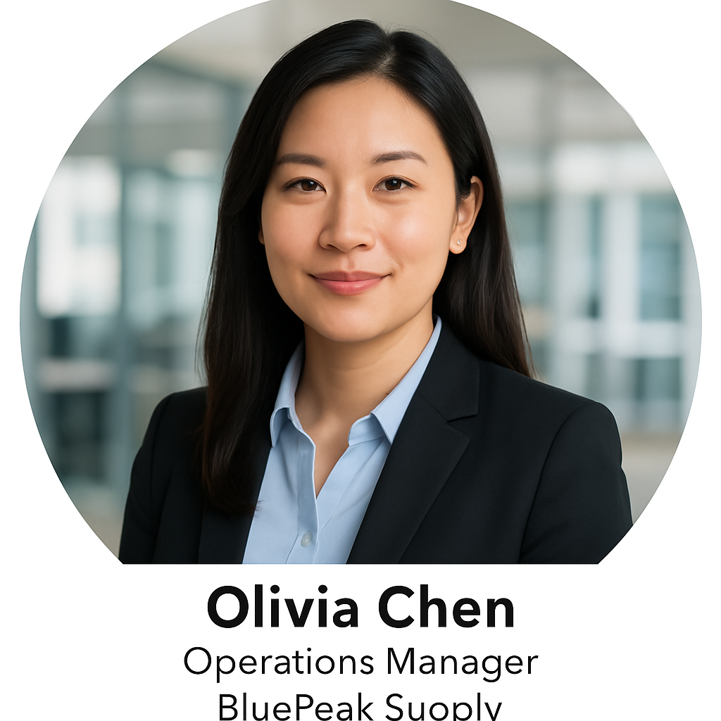 Portrait of Olivia Chen, Operations Manager at BluePeak Supply