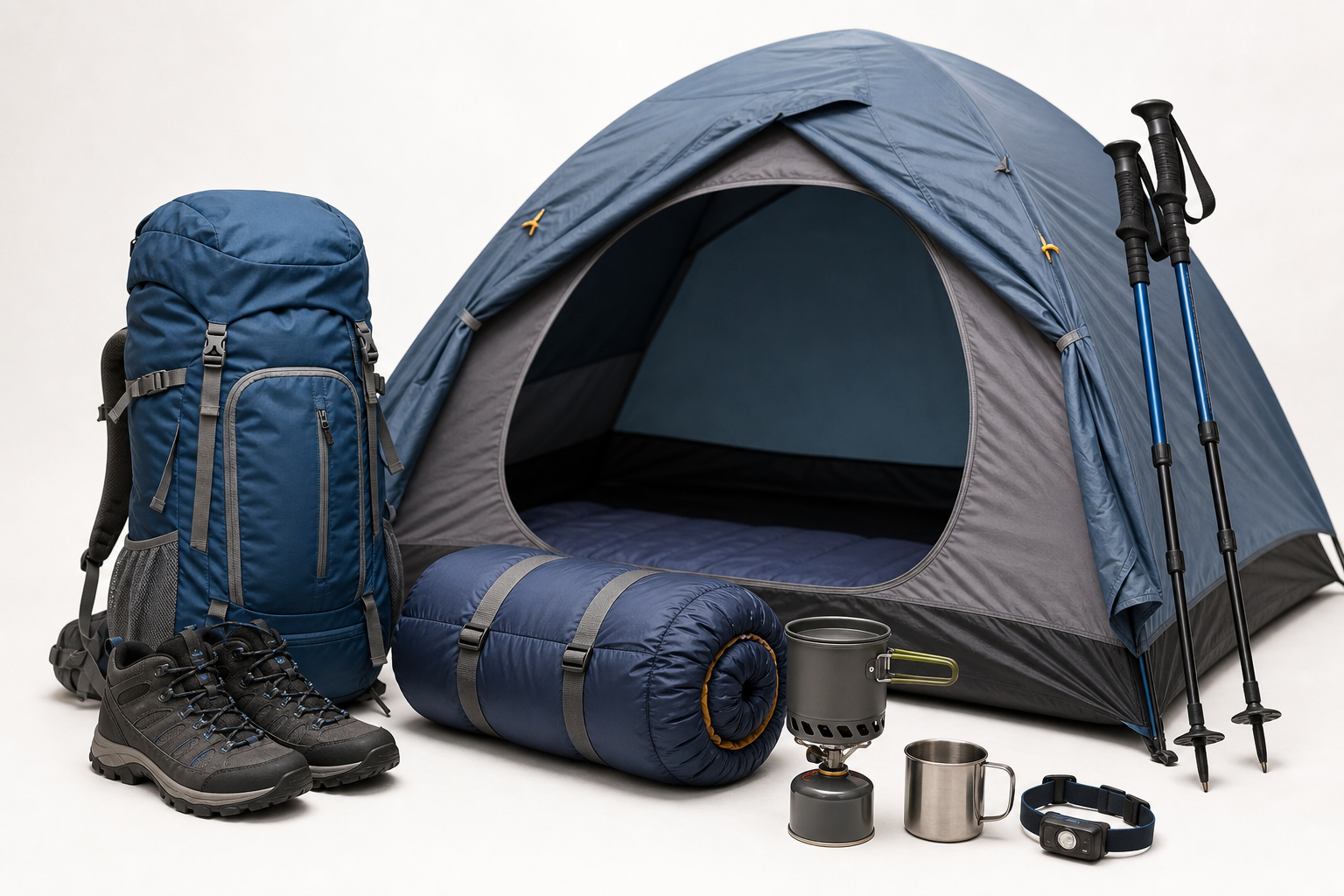 Assortment of camping and hiking gear including a compact tent, trekking poles, and insulated sleeping bags arranged on a clean studio surface