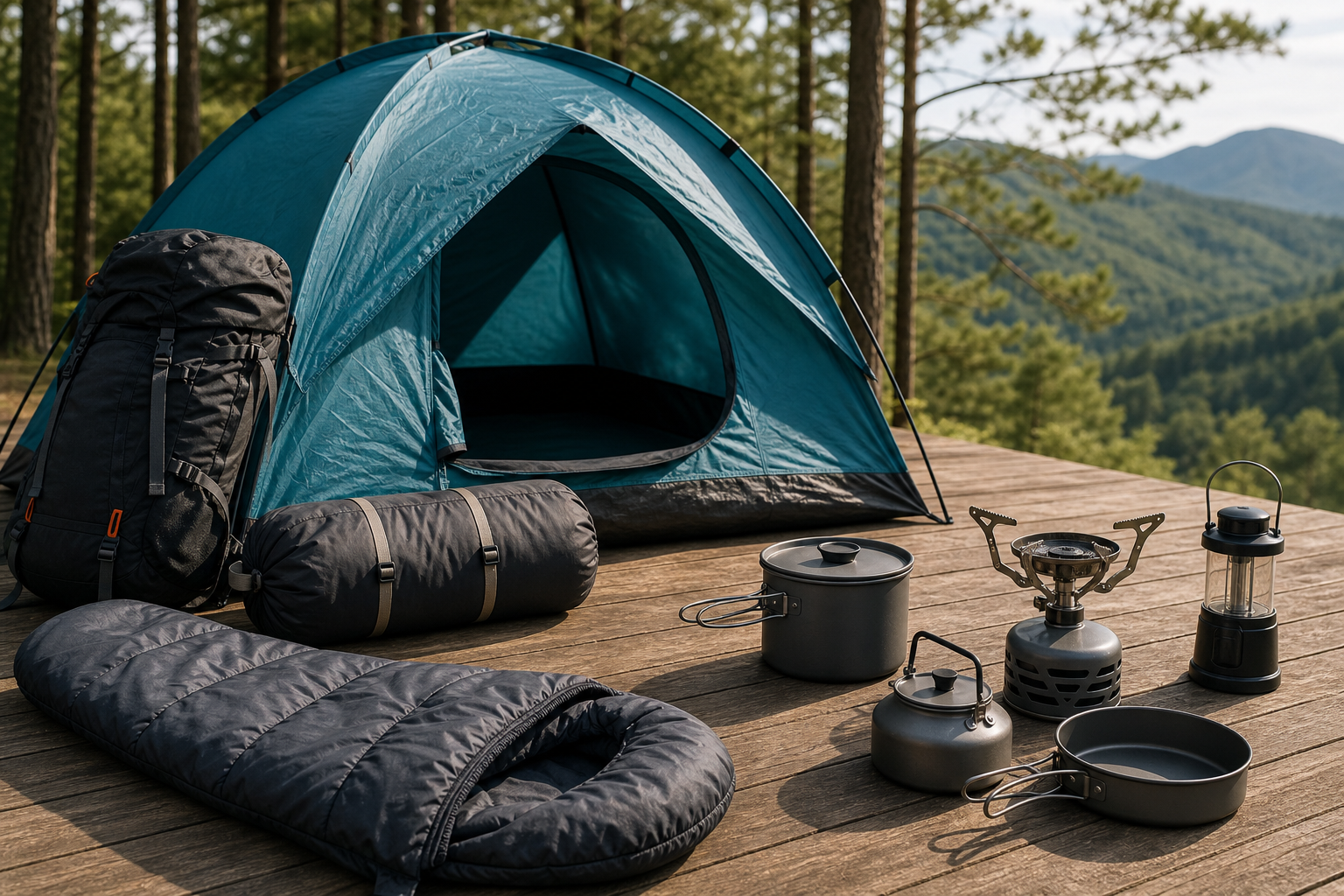 Outdoor camping set with a teal dome tent, compact sleeping bags, and aluminum cookware on a wooden platform