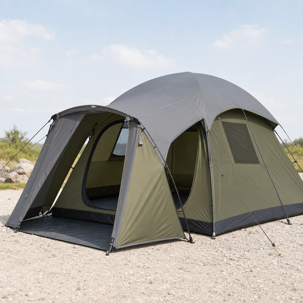 Four-person weatherproof camping tent in muted green with rainfly and front vestibule