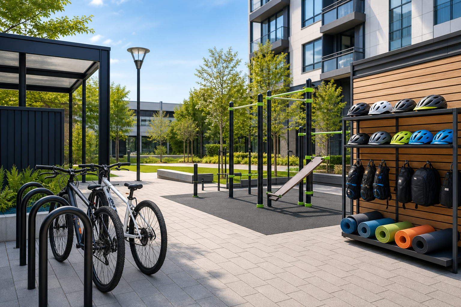 Commercial outdoor space with coordinated equipment and safety gear