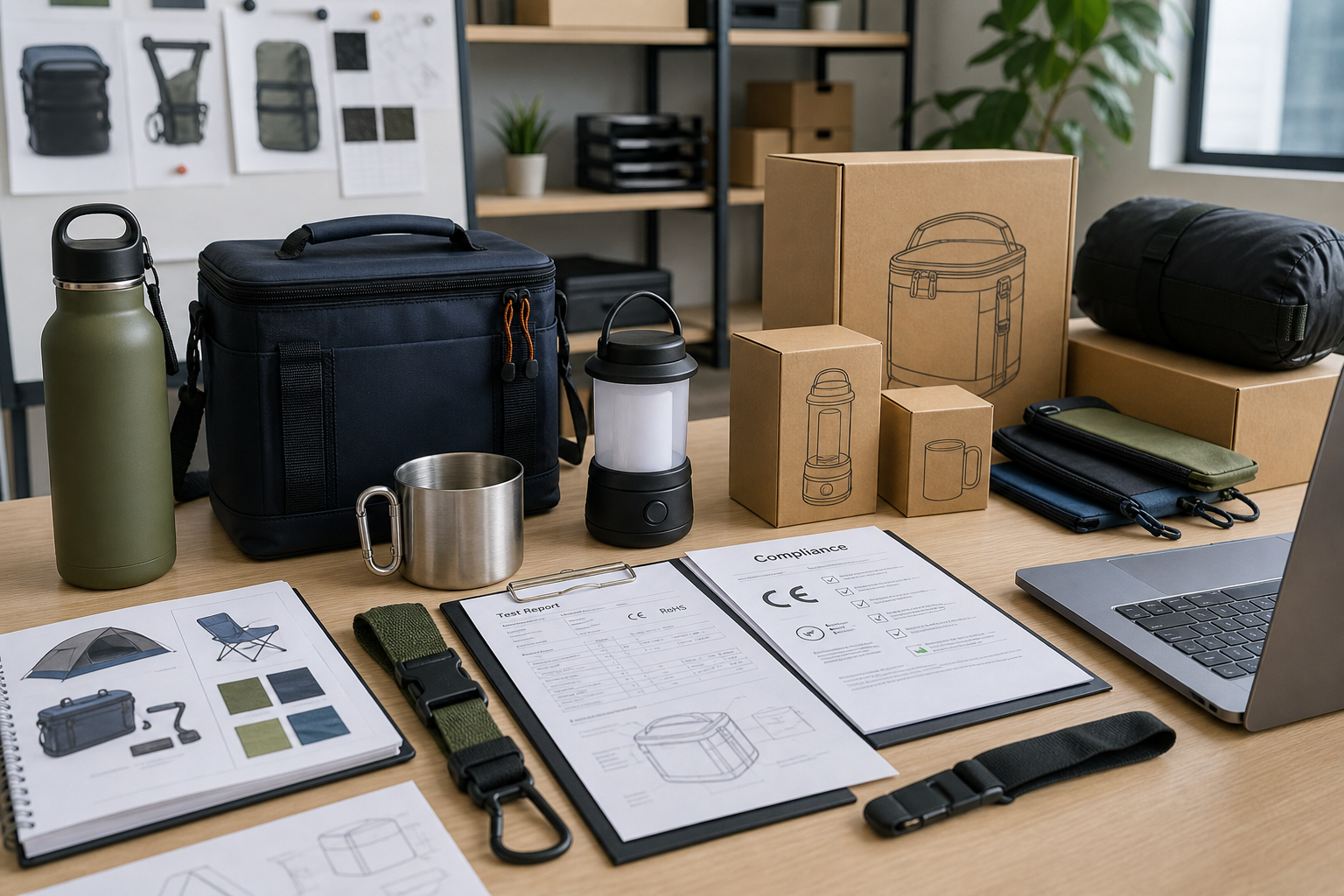 Procurement desk with custom outdoor product samples and documentation