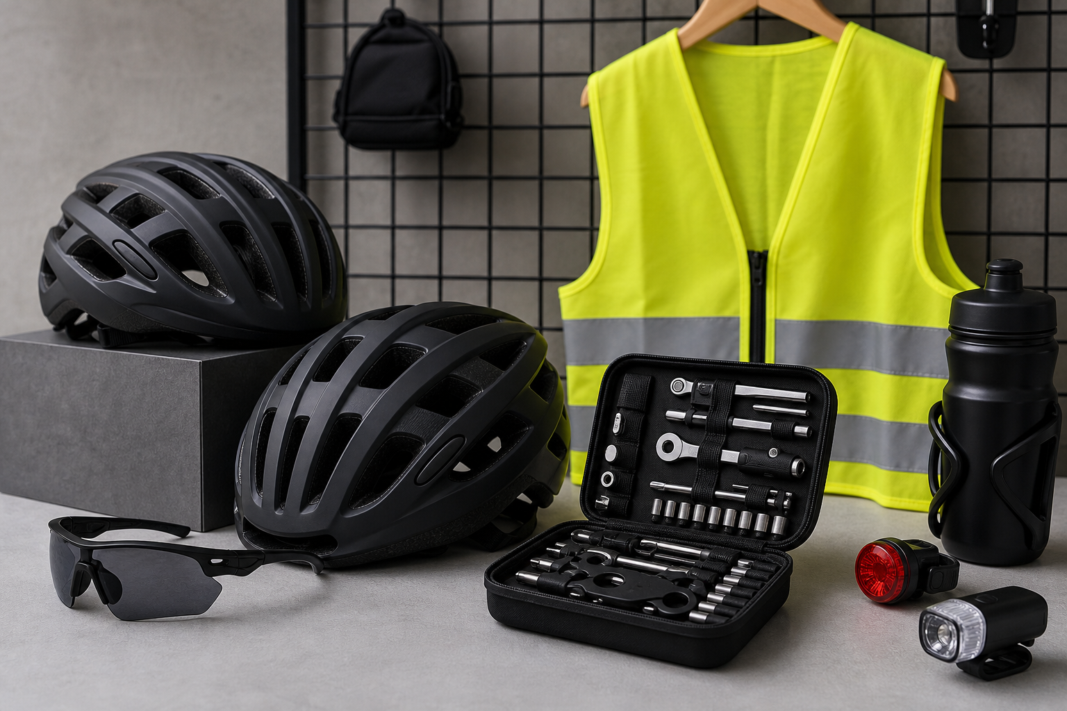 Cycling accessories showing matte black helmets, reflective vests, and modular bike tool kits